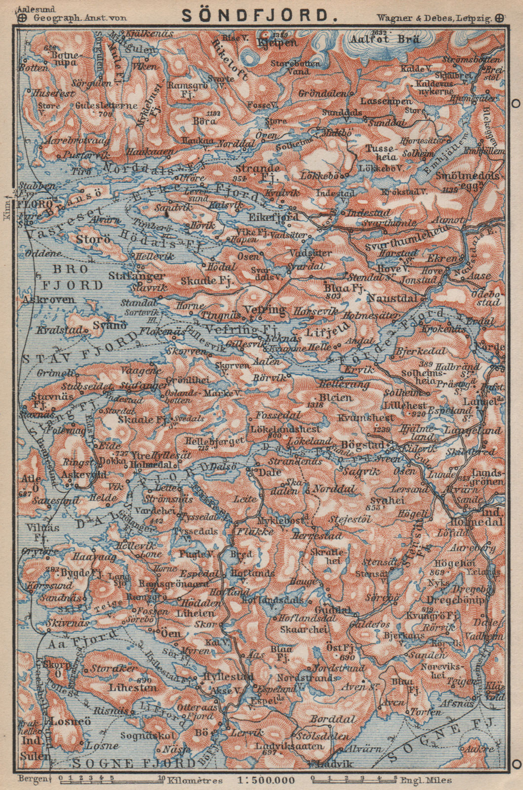 SOGN OG FJORDANE. Sondfjord Söndfjord. Floro. Topo-map. Norway kart 1899